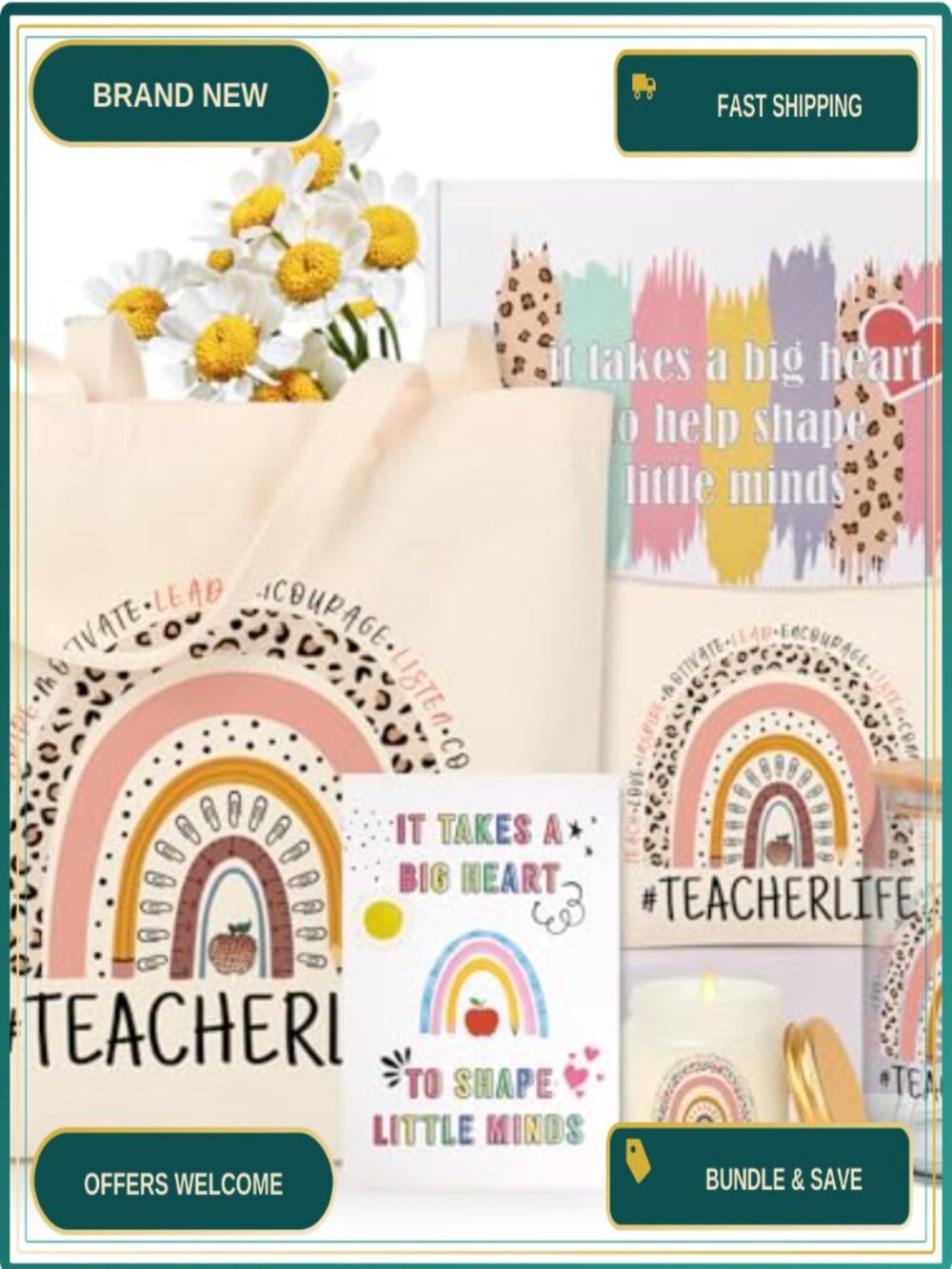 Teacher Gift Box Set with Coffee Cup, Tote Bag, Makeup Bag & Candle